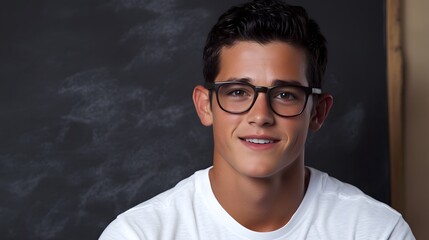 Obraz premium Portrait of a smiling young man wearing glasses against a blackboard background