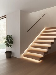 A staircase with a plant in a pot on the floor. The staircase is lit up with lights