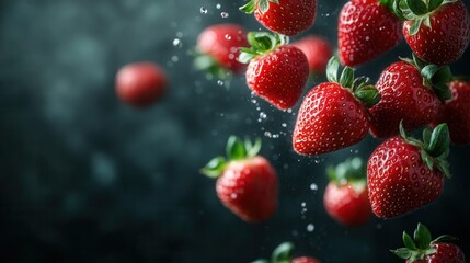Falling Strawberries on Dark Background  &ndash; Freshness and Healthy Food Concept