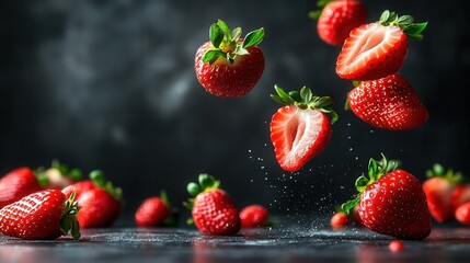 Falling Strawberries on Dark Background  &ndash; Freshness and Healthy Food Concept