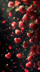 Falling Strawberries on Dark Background  &ndash; Freshness and Healthy Food Concept