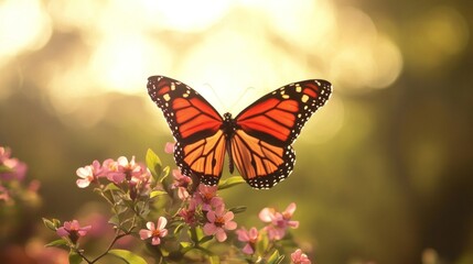 Fototapeta premium Monarch butterfly perched on flower in garden at sunrise