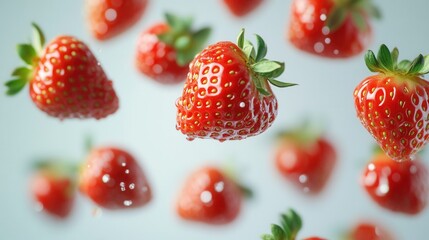 Bright fresh strawberries falling on a light background. Concept of summer, freshness, vitamins, and healthy eating.