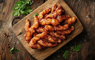 Crispy and Delicious Fried Chicken Strips on a Wooden Cutting Board with Fresh Herbs and Spices on Dark Rustic Surface