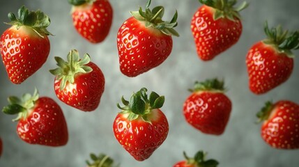 Bright fresh strawberries falling on a light background. Concept of summer, freshness, vitamins, and healthy eating.