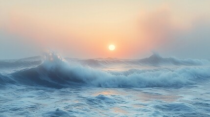 Serene Sunrise Over Ocean Waves with Gentle Mist and Soft Colors in a Tranquil Seascape