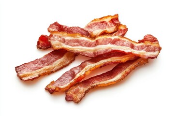 Crispy and Delicious Strips of Cooked Bacon on White Background Ready for Tasty Dishes, Breakfast Plates, and Culinary Creations for Food Lovers
