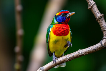 Obraz premium Vibrant Gouldian Finch Perched on a Tree Branch, Showcasing Its Brilliant Colors and Delicate Plumage in a Serene Natural Setting