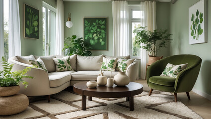 Fototapeta premium Modern living room with sofa and stylish furniture in a luxury apartment interior