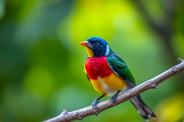 Obraz premium Vibrant Gouldian Finch Perched on a Tree Branch, Showcasing Its Brilliant Colors and Delicate Plumage in a Serene Natural Setting