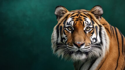 Obraz premium Majestic tiger portrait showcasing detailed features against a deep green background, highlighting the beauty and power of this magnificent wild animal