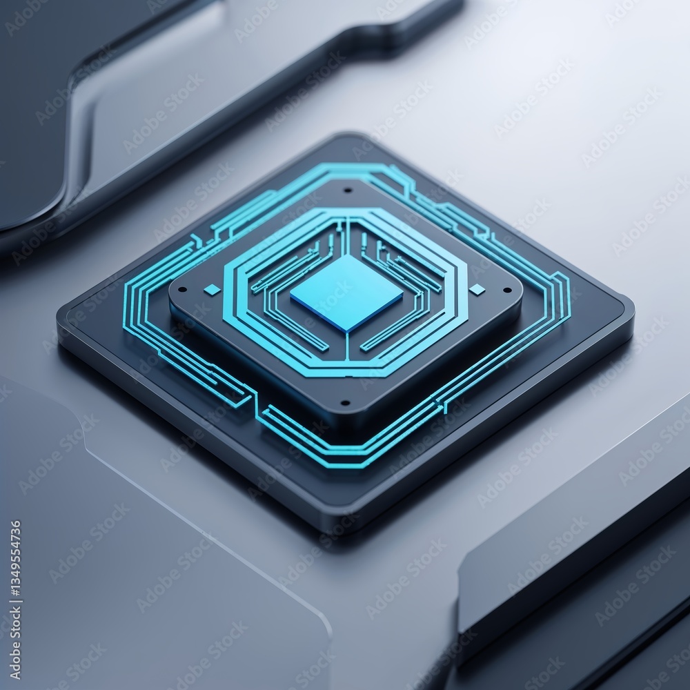 Poster microchip design with intricate circuit patterns showcased in a futuristic setting