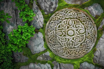 Intricate Stone Design Surrounded By Green Moss