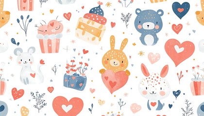 Cute Animals & Sweets Valentine's Pattern.