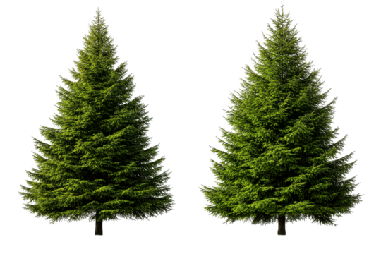 Two isolated fir trees on black background, cut out transparent