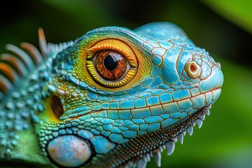 Fototapeta premium Green iguana portrait, jungle background, vibrant scales, wildlife photography