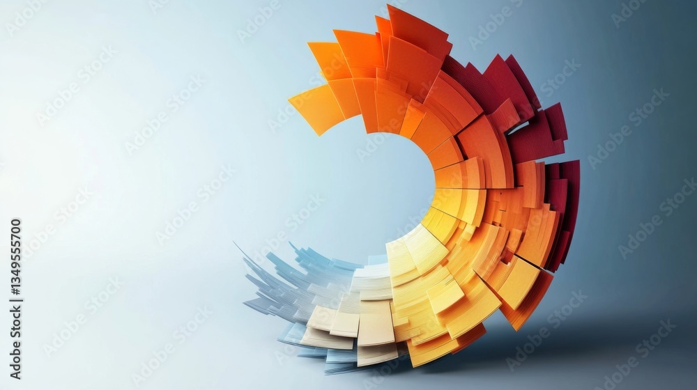 Poster an abstract d pie chart with dynamic movement, where slices rotate and change color, symbolizing the