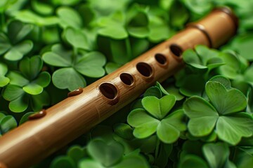 Wooden Flute Amidst Green Shamrock Leaves