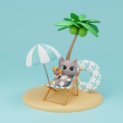 3D cute cat on a sun lounger with a cocktail under a summer umbrella. Summer holidays, cat on the beach. 3D rendering.