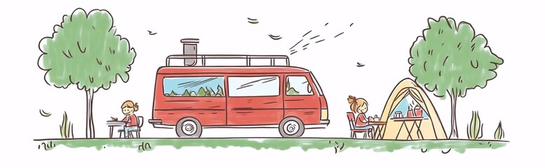 Fototapeta premium Van camping adventure scene with children at campsite