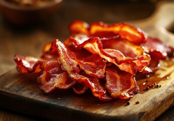Crispy Bacon Strips on Wooden Board Ready to Serve, Close-Up Detail of Deliciously Cooked Fatty Pork Meat, Perfect for Culinary Themes and Food Photography
