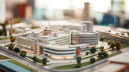 Obraz premium A University. Miniature Model. Placed on a table. Blurred office Backdrop 