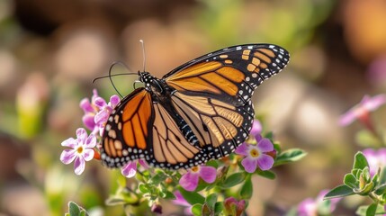 Monarch butterfly resting on purple flowers in garden