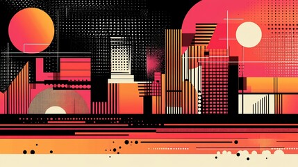 Fototapeta premium Abstract Geometric Cityscape with Retro Gradient and Halftone Elements