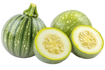 Round, Vibrant Green Zucchini, Speckled With Lighter Green, Cut Open To Reveal A Sunny Yellow Interior, Showcasing Its Freshness And Readiness For Culinary Delights Against A Clean Isolated on Transpa