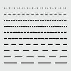 Set of dashed straight lines of different styles. Vector design elements. Set Element simple divider. black dashed line set collection isolated on grey background. Eps file 13.
