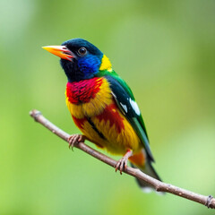 Fototapeta premium Vibrant Gouldian Finch Perched on a Tree Branch, Showcasing Its Brilliant Colors and Delicate Plumage in a Serene Natural Setting