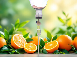 Vitamin IV drip infusion with intravenous therapy equipment in a medical setting. Hydration and nutrition treatment concept.