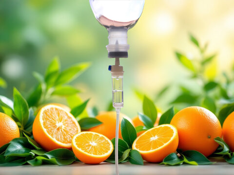 Vitamin IV drip infusion with intravenous therapy equipment in a medical setting. Hydration and nutrition treatment concept.