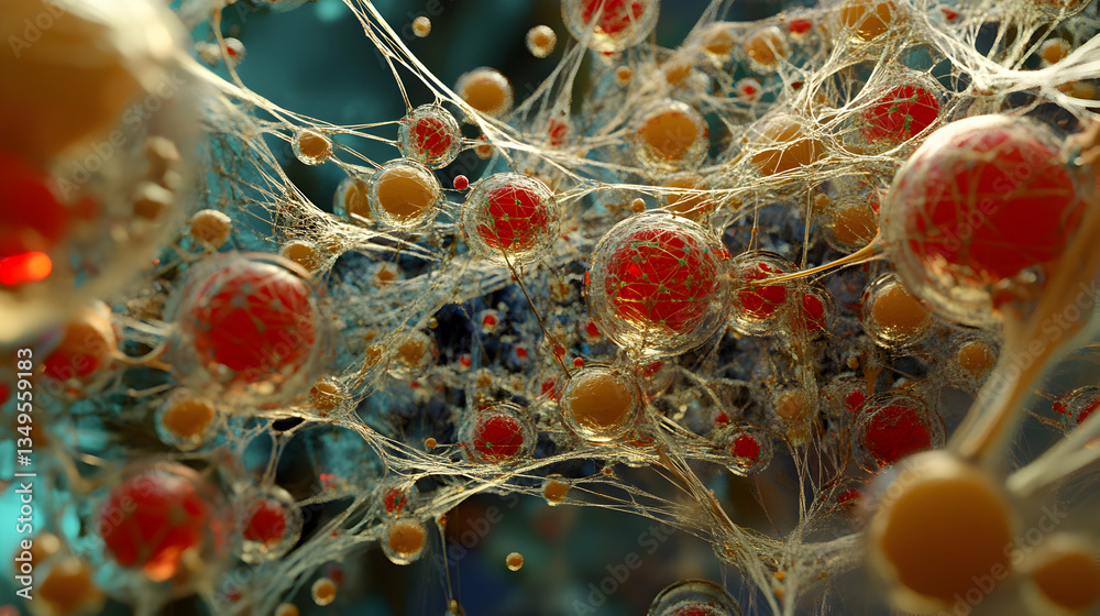 Poster interconnected cellular structure displaying red and amber spheres in complex web