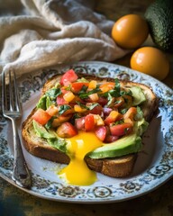 Minimalist Gourmet Avocado Toast with Egg on Elegant Plate