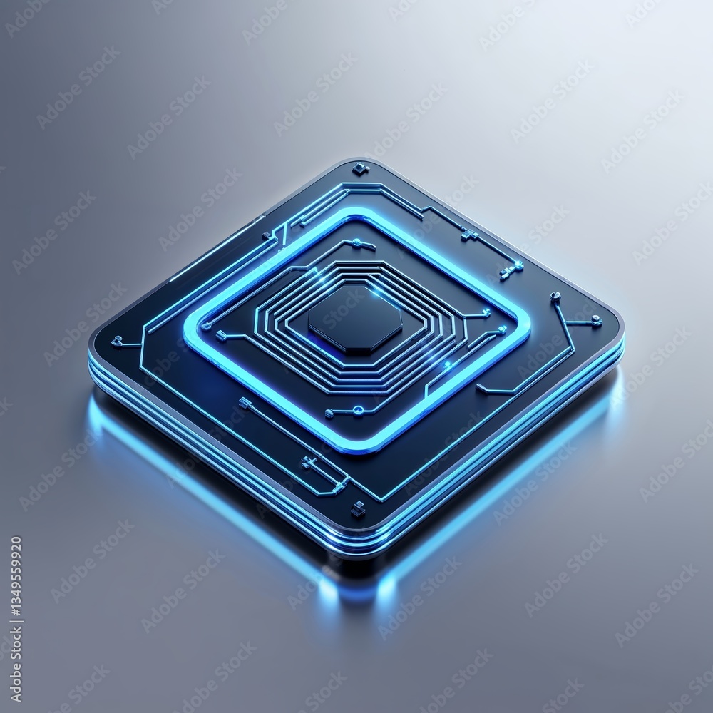 Poster modern microchip design featuring intricate circuitry and glowing blue accents captured in a minimal