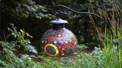 Colorful mosaic lantern hanging in garden at twilight