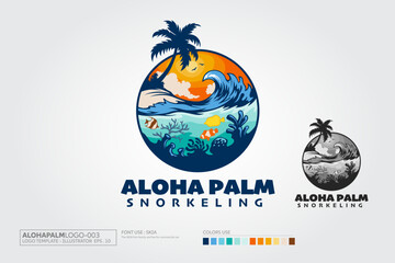 Aloha Palm Vector Logo Illustration. This Logo Template, Water ocean waves with Palm tree, wave, snorkeling, fish and reef concept, for beach snorkeling, hoteling and restaurant.