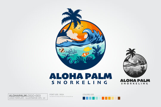 Aloha Palm Vector Logo Illustration. This Logo Template, Water ocean waves with Palm tree, wave, snorkeling, fish and reef concept, for beach snorkeling, hoteling and restaurant.
