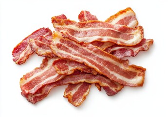 Crispy Cooked Bacon Strips on White Background, Ideal for Food Photography, Culinary Arts, Restaurant Menus, and Breakfast Ingredients Showcase