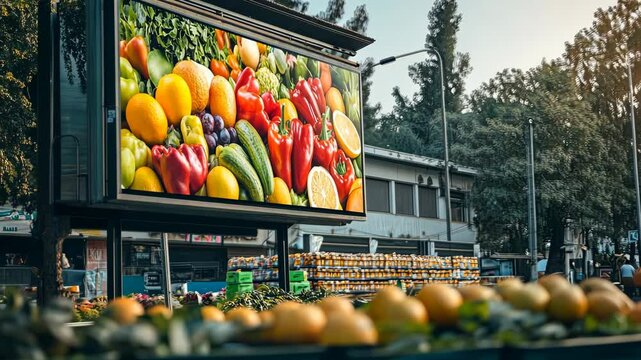 A promotional billboard showcasing a supermarket's loyalty program benefits digital