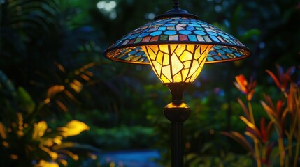 Illuminated Tiffany lamp post in a tropical garden at dusk