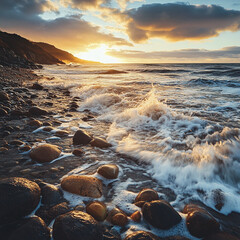 Obraz premium A rocky beach at sunset with waves crashing against the shore and a cloudy sky above the horizon
