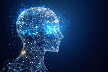digital representation of human head made of interconnected lines and glowing nodes, symbolizing artificial intelligence and technology