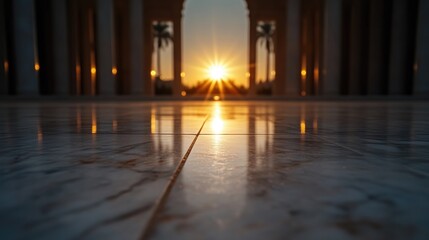 Obraz premium Sunrise through ancient columns, reflecting on polished stone floor