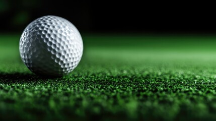 Fototapeta premium Golf ball on a green. Close-up view of a white golf ball resting on a lush green putting surface