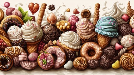 Sweet treats overflowing, confectionery display, horizontal banner