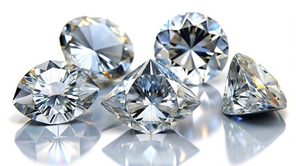Fototapeta premium Three diamonds of different shapes and sizes are arranged on a white background, showcasing their brilliance and intricate facets.