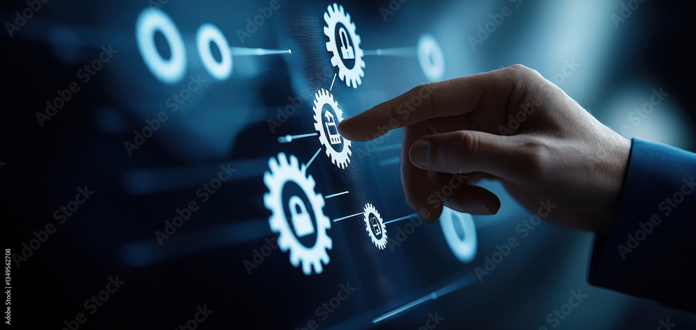 Fototapete person interacts with digital interface featuring gears and security icons, symbolizing technology and innovation in business. scene conveys sense of progress and connectivity