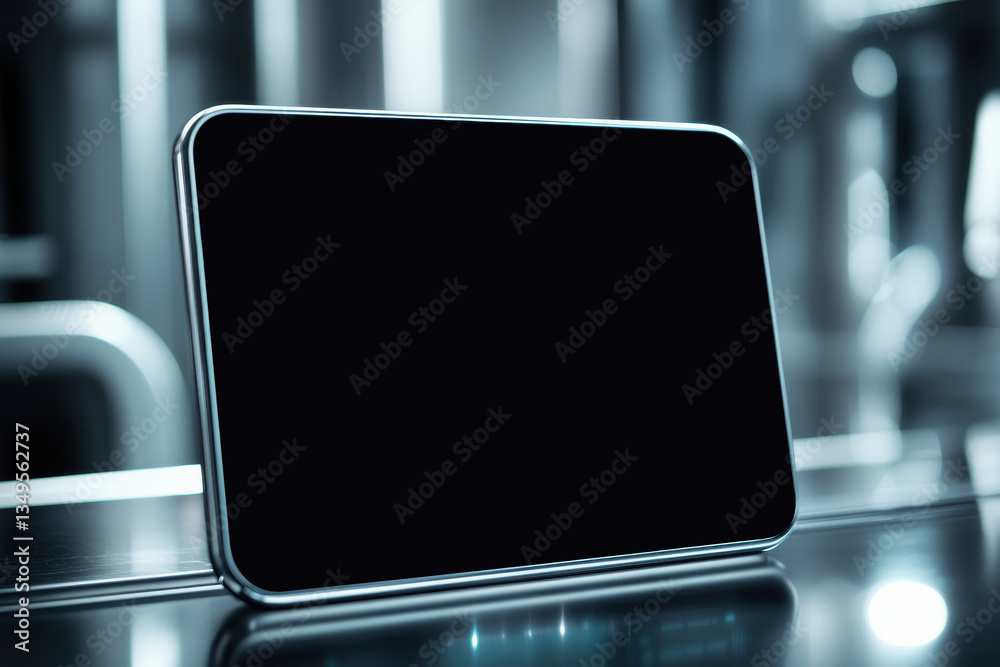 Aufkleber sleek, modern tablet device with blank screen is positioned reflective surface, showcasing its minimalist design and high tech appeal. background features blurred, futuristic environment